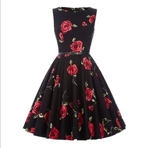 Beautiful A-line Dress, Black with Roses